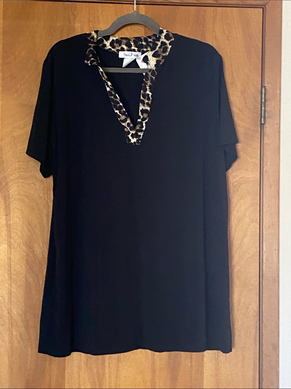 Black Women's V-Neck Tunic with Leopard-Print Trim